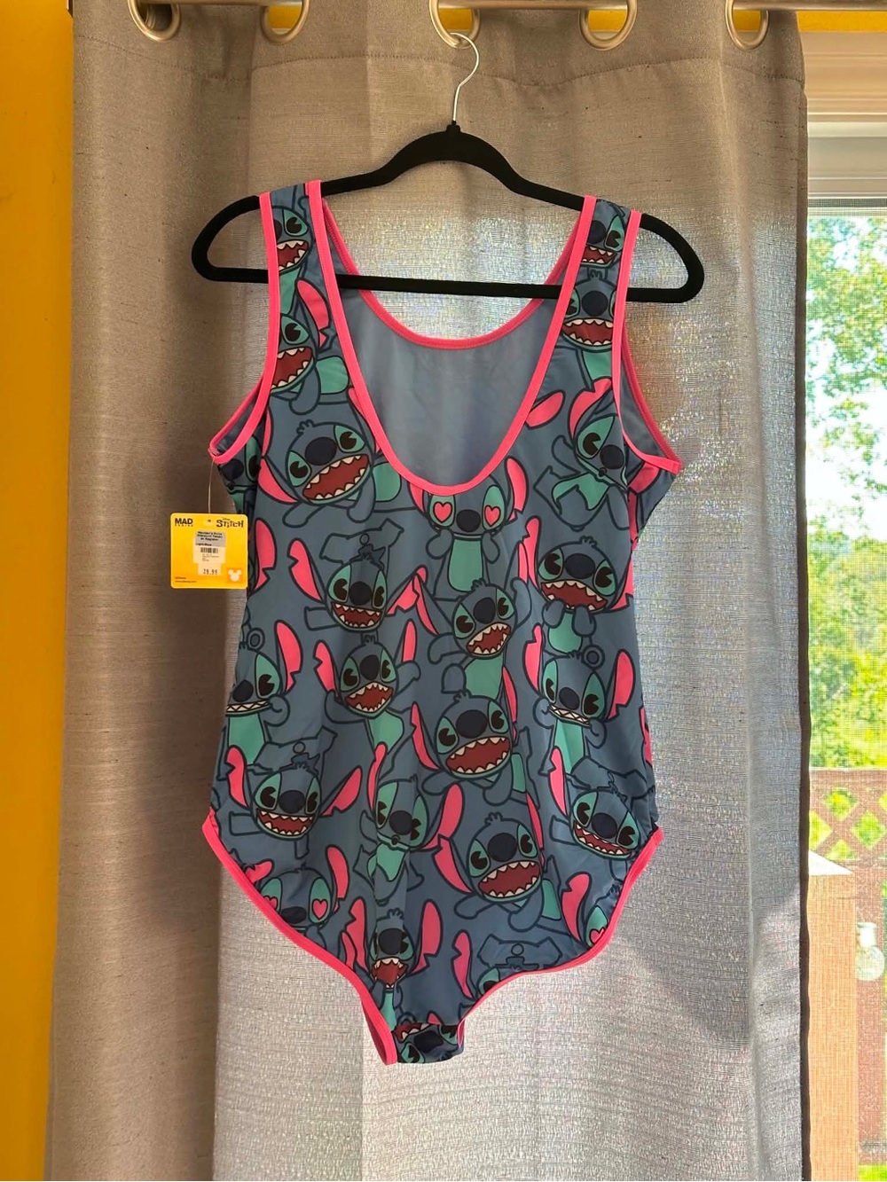 Ladies Stitch Print One-Piece Swimsuit - Blue with Pink Trim - Picture 3 of 5